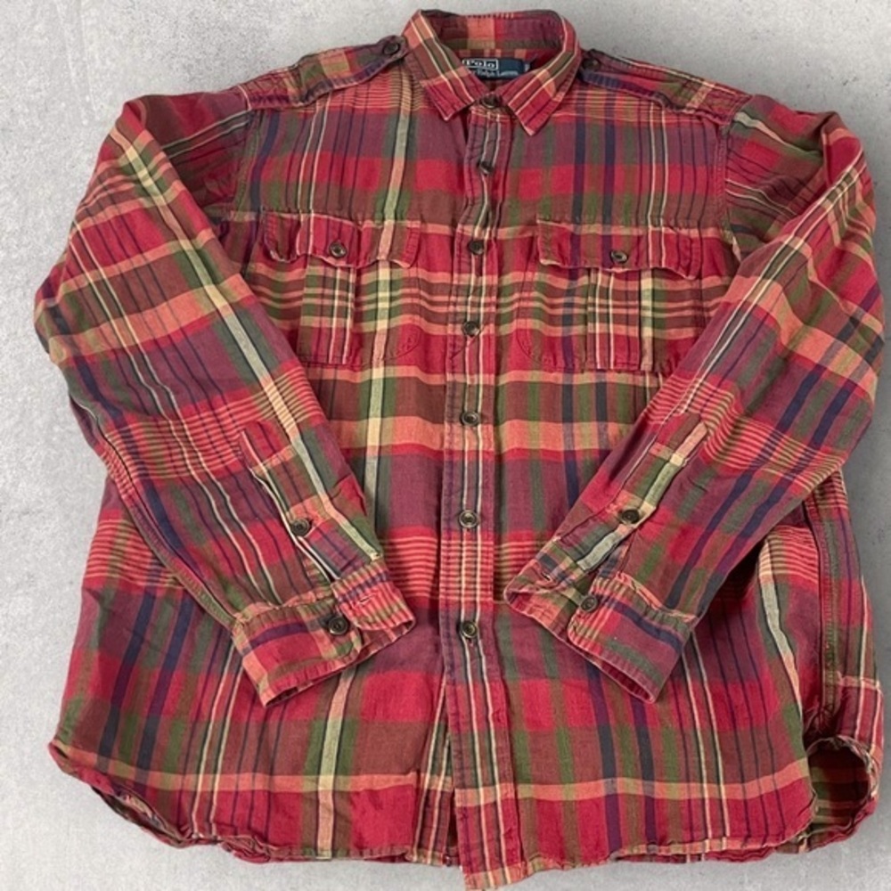 Polo by Ralph Lauren Red Green Plaid Casual Button-Down Linen Work Shirt